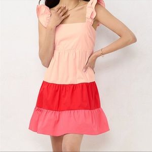 Tiered Ruffle Pink Red Color Block Flutter Sleeve Smock Mini Dress